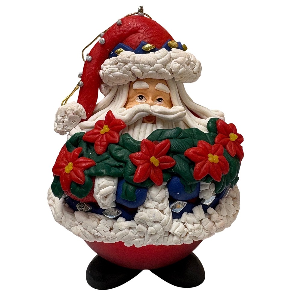 Traditions Vintage Christmas Ornament Santa Claus Poinsettia Polymer Clay Glass